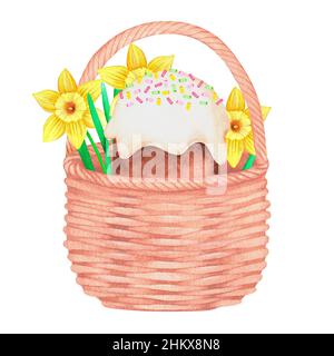 Cestino di daffodils e torta di pasqua. Acquerello vintage pasqua illustrazione. Isolato su sfondo bianco. Per il tuo design. Foto Stock