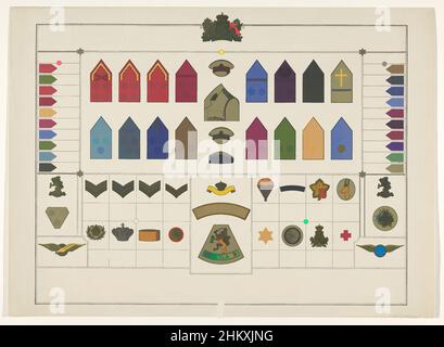 Arte ispirata da distinzioni per l'Esercito reale dei Paesi Bassi, Distinctivi e distintivi di Rank per l'Esercito reale dei Paesi Bassi, Wall chart con panoramica del testo olandese e inglese e immagini a colori di vari segni distintivi militari., Cor Visser, editore: Ministerie van Oorlog, opere classiche modernizzate da Artotop con un tuffo di modernità. Forme, colore e valore, impatto visivo accattivante sulle emozioni artistiche attraverso la libertà delle opere d'arte in modo contemporaneo. Un messaggio senza tempo che persegue una nuova direzione selvaggiamente creativa. Artisti che si rivolgono al supporto digitale e creano l'NFT Artotop Foto Stock