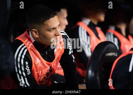 Buenos Aires, Argentina. 05th Feb 2022. Juan Fernando Quintero di River Plate prima dell'amichevole partita tra River Plate e Velez Sarfield, allo Stadio Monumentale Antonio Vespucio Liberti. Credit: SOPA Images Limited/Alamy Live News Foto Stock