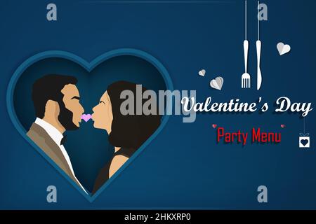 Illustrazione vettoriale del modello del poster del biglietto del menu della festa di San Valentino. Astratto sfondo colori blu. Illustrazione Vettoriale