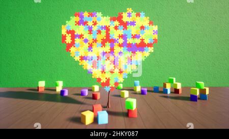 World Autism Awareness Day Heart puzzle Medical concept 3D render Foto Stock