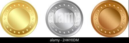 Medaglia d'oro, medaglia d'argento e medaglia di bronzo vettore premio set su bianco isolato retro. Illustrazione vettoriale con gradienti e stelle uniformi. Illustrazione Vettoriale