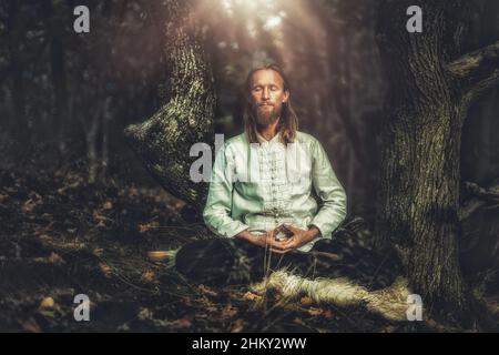 L'uomo caucasico di mezza età pratica tai chi in estate. Meditazione e relax nella natura. Stile di vita sano e sport. Foto Stock