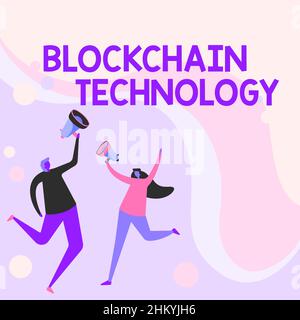 Segnaletica che mostra la tecnologia della catena del blocco. Internet Concept Digital ledger memorizzato in una rete distribuita Illustrazione dei partner che saltano intorno Foto Stock