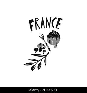 Vettore prodotto a mano simbolo della Francia. Illustrazione di viaggio della segnaletica francese. Illustrazione scritta disegnata a mano. Logo francese Illustrazione Vettoriale