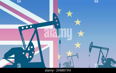 Silhouette della pompa dell'olio contro la bandiera della Gran Bretagna e la bandiera dell'Unione europea. Estrazione petrolio greggio e gas. Concetto di giacimenti petroliferi Foto Stock