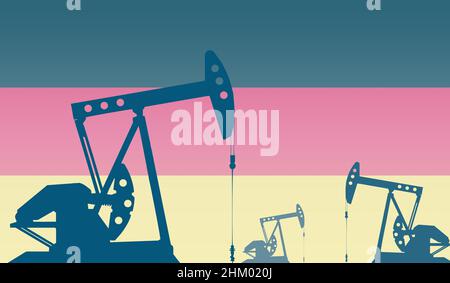 Silhouette della pompa dell'olio contro la bandiera di Germany2. Petrolio greggio e gas di grado di estrazione. Concetto di giacimenti petroliferi e società petrolifere, mercato degli idrocarburi, Foto Stock