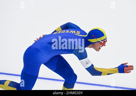 Nils van der Poel (SWE) Medaglia d'oro durante i Giochi Olimpici invernali di Pechino 2022, Speed Skating, Men's 5000m il 6 febbraio 2022 al National Speed Skating Oval di Pechino, Cina - Foto: Osports/DPPI/LiveMedia Foto Stock