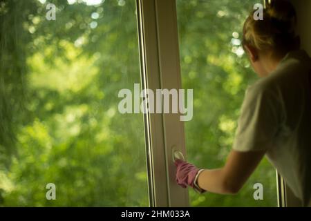 La ragazza lava la finestra nell'appartamento. La donna pulisce la casa. Mia figlia pulisce la polvere. Mia moglie lava il bicchiere con detergente. Mani dentro Foto Stock