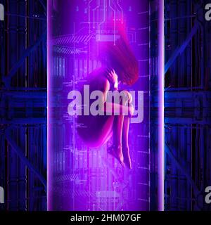 3D illustrazione della scena di fantascienza che mostra la figura femminile umana con capelli rossi che galleggiano all'interno del tubo di clonazione medica futuristico Foto Stock