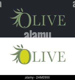 Logo Olive due opzioni per l'etichetta dell'olio d'oliva. Lettera astratta o a forma di oliva Illustrazione Vettoriale