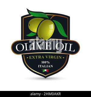 Emblema per l'olio d'oliva. Olive mature con foglie verdi su un'etichetta di fondo scuro Illustrazione Vettoriale