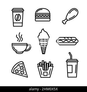 Semplice set di fast food. Contiene icone come pizza, hot dog, patatine fritte, hamburger, cola, gelato, coscia di pollo, caffè, tazza di tè. Linea vettoriale correlata i Illustrazione Vettoriale