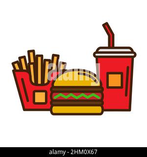 Semplice set di fast food. Icone delle linee vettoriali correlate. Contiene icone come patatine fritte, hamburger, cola Illustrazione Vettoriale