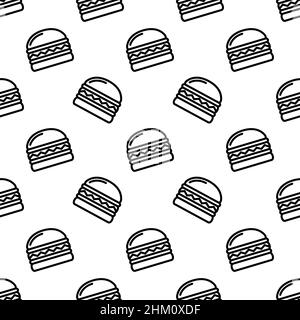 Hamburger pattern con icone a mano hamburger. Motivo di hamburger bianco e nero vettoriale alla moda. Modello di hamburger monocromatico senza cuciture per tessuto e supporto Web Illustrazione Vettoriale