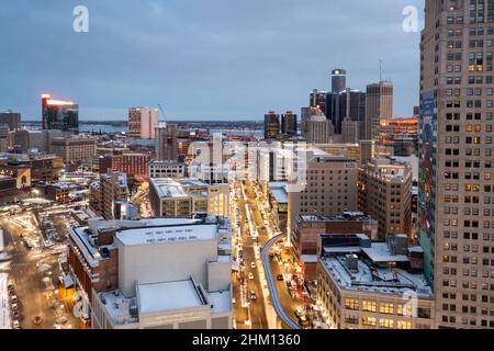 Detroit, Michigan - Downtown Detroit dopo il tramonto. Foto Stock