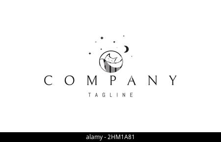 Logo vettoriale su cui un'immagine astratta di un gatto che dorme sotto una coperta sullo sfondo della luna e delle stelle. Illustrazione Vettoriale