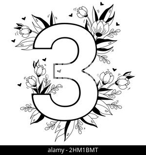 Numero di fiori. Motivi floreali decorativi numeri tre. Big 3 con fiori, boccioli, rami, foglie e cuori. Illustrazione vettoriale su sfondo bianco Illustrazione Vettoriale