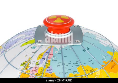 Concetto di minaccia nucleare globale. Pulsante rosso nucleare sul globo terrestre, 3D che rende isolato su sfondo bianco Foto Stock