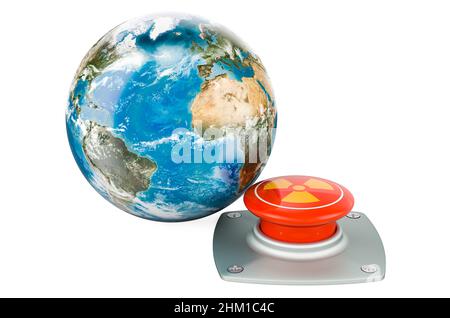 Pulsante rosso nucleare con globo terrestre, 3D rendering isolato su sfondo bianco Foto Stock