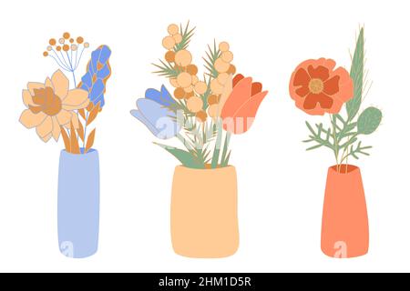 Bouquetes di fiori di fiore in vasi ceramici minimalistici vettore astratto mimosa, cocus, winterberry, tulipano, narcischi, shirley in vaso di fiori, 8 Illustrazione Vettoriale