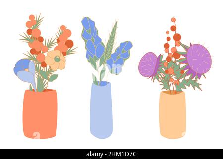 Bouquetes di fiori di fiore in vasi ceramici minimalistici vettore astratto mimosa, cocus, winterberry, bluebell, narcischi, thistle in vaso di fiori Illustrazione Vettoriale