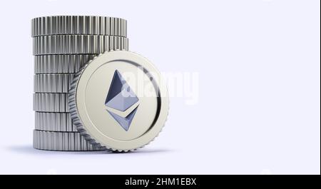 Pila di Ethereums ETH monete d'argento semplici con spazio di copia su sfondo neutro per banner in rendering realistico 3D. Criptovaluta, scambio 2p2 e. Foto Stock