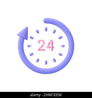 24 ore di orologio con freccia. Servizio di assistenza, tempo, orario di lavoro, concetto di consegna. 3d icona vettore. Stile minimal cartoon. Illustrazione Vettoriale
