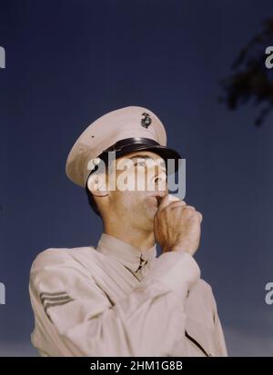 Sergente marina in uniforme militare, ritratto di testa e spalle, New Orleans, Louisiana, Stati Uniti, Howard R. Hollem, Ufficio delle informazioni di guerra degli Stati Uniti, 1941-1945 Foto Stock