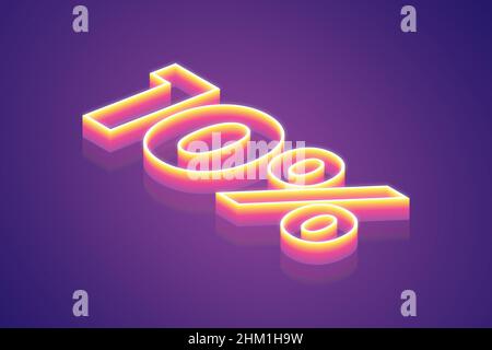 3D rendering 10% di sconto, la migliore illustrazione di simboli digitali per il concetto meta TECH, sfumatura rosa neon luce brillante su sfondo viola Foto Stock