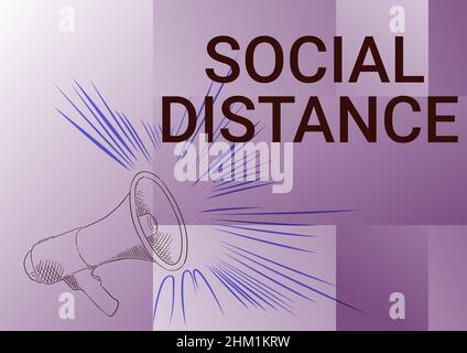 Visualizzazione concettuale distanza sociale. Business idea grado di accettazione di interazione generale di individui Illustrazione di Un forte megafono relatore Foto Stock