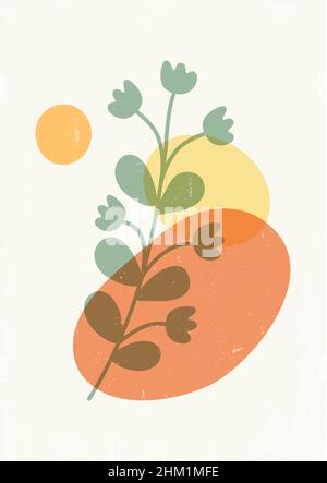 Arte muraria botanica, disegno boho line con fiore. Disegno floreale del motivo per la casa deco, arte della parete Illustrazione Vettoriale