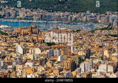Veduta aerea, Chiesa di Santa Iglesia Catedral de Mallorca, Cattedrale di Palma, Puerto de Palma, Porto di Palma in background, Palma, Maiorca, Baleari is Foto Stock