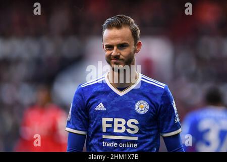 NOTTINGHAM, REGNO UNITO. FEBBRAIO 6th James Maddison di Leicester City durante la partita di fa Cup tra Nottingham Forest e Leicester City al City Ground di Nottingham domenica 6th febbraio 2022. (Credit: Jon Hobley | MI News) Credit: MI News & Sport /Alamy Live News Foto Stock