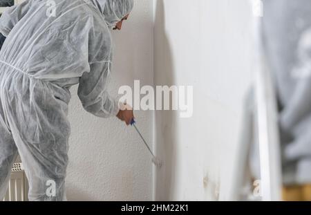 Primo piano del pittore che lavora con il rullo di vernice per dipingere la stanza di colore bianco. Faccia esso voi stessi Concept image Foto Stock