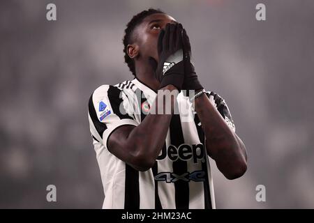 Torino, Italia. 06th Feb 2022. Moise Kean della Juventus FC reagisce durante la Serie A 2021/2022 partite di calcio tra Juventus FC e Hellas Verona allo stadio Juventus di Torino (Italia), 6th febbraio 2022. Foto Federico Tardito/Insidefoto Credit: Ininsidefoto srl/Alamy Live News Foto Stock