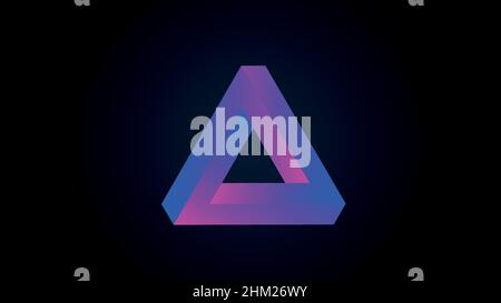 Il triangolo di Penrose è una delle principali figure impossibili, il tribar. La luce al neon a gradiente molto peri si illumina al buio. Illustrazione Vettoriale