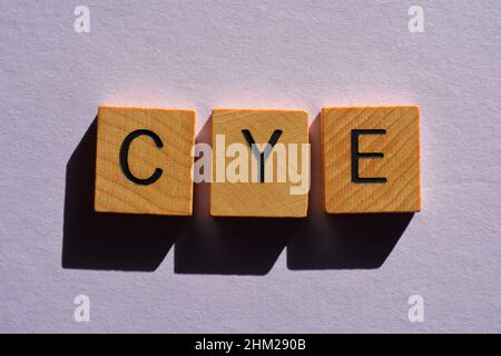 CYE, abbreviazione di Controlla la tua e-mail, lettere dell'alfabeto di legno isolate su sfondo viola Foto Stock
