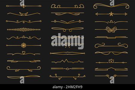 Divisori gradiente oro ornamento set. Vintage capitolo decorazioni telaio e linee, fioritura separatore raccolta. Elemento di disegno per biglietto di auguri, banner web o invito al matrimonio. Illustrazione vettoriale Illustrazione Vettoriale
