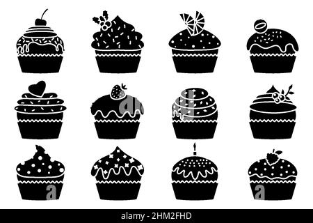 Cupcakes glyph, silhouette con crema e cioccolato set. Dolci collezioni muffin decorate con ciliegia, mora e menta, candela, limone, biscotti, fragola. Pasticcini cosparsi di gustose briciole Illustrazione Vettoriale