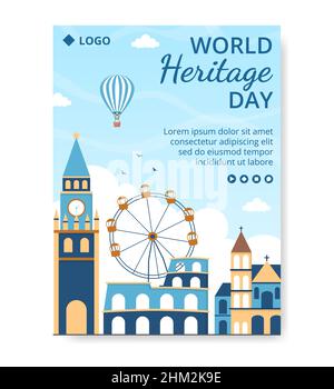 Modello di poster del giorno del Patrimonio Mondiale illustrazione di disegno piatta Editable di sfondo quadrato adatto per i mezzi sociali, biglietto di auguri e Web Ads Illustrazione Vettoriale