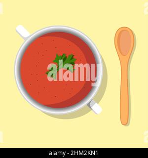 Ciotola per zuppa di purea di pomodoro con prezzemolo pasto dietetico sano sul piatto. Illustrazione vettoriale. Semplice immagine a stock piatto. Zuppa di crema di verdure calde sul tavolo Illustrazione Vettoriale