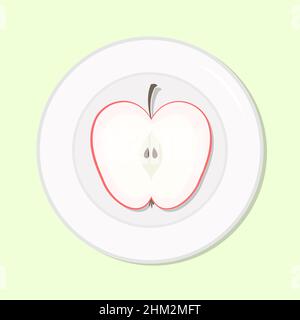 Frutta di mela pasto sano dieta. Piastra di perdita di peso con mela rossa tagliata a metà. Illustrazione vettoriale. Semplice immagine di nutrizione di riserva piatta. Illustrazione Vettoriale