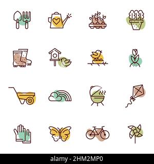 Attività primaverili e giardinaggio icone color pastello set. Come farfalla, bicicletta, piantine, arcobaleno, barbecue. Icone tratto modificabili pixel Perfect Illustrazione Vettoriale