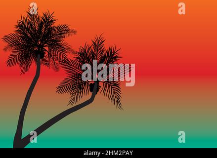 silhouette di due alberi di cocco con sfondo arancione e verde Illustrazione Vettoriale