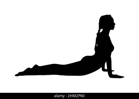 Yoga cobra posa o bhujangasana. Donna silhouette praticare strengthing yoga posa. Illustrazione vettoriale isolata su sfondo bianco Illustrazione Vettoriale