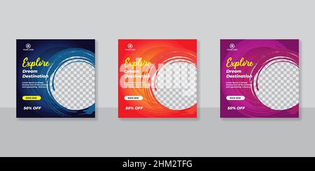 Set di banner quadrati modificabili per post sui social media di viaggio, banner modello per annunci di viaggio con forma astratta, illustrazione vettoriale. Illustrazione Vettoriale