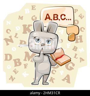 Carino bambino di Lepre sta provando a contare. Studiare i numeri e contare. Divertente animale bambino. Sfondo astratto. Illustrazione matematica per bambini. Isolato Illustrazione Vettoriale