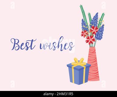 Auguri biglietto d'auguri. Confezione regalo e bouquet di fiori in vaso. Tessera per il giorno delle donne, il giorno di San Valentino, il compleanno o altre vacanze. Illust piano vettoriale Illustrazione Vettoriale