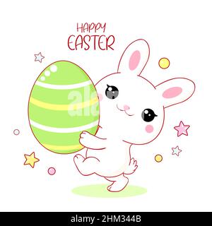 Carta di Pasqua con coniglietto e uovo. Simpatico coniglio piccolo con uovo di Pasqua. Holiday card con animale kawaii. Illustrazione vettoriale EPS8 Illustrazione Vettoriale